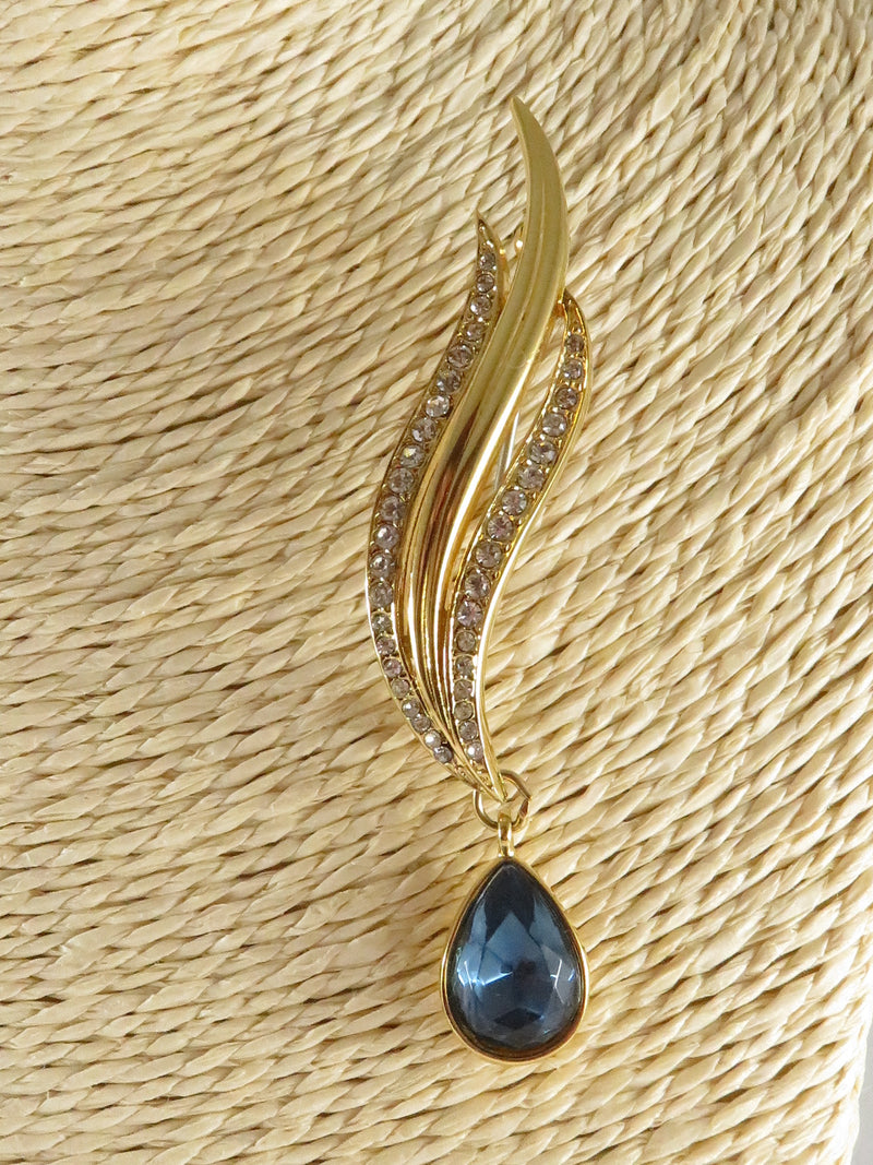 Art Nouveau Style Whimsical Gilded Brooch with Blue Stone & Clear Stones