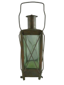 Front view of Swedish lantern-form musical liquor decanter with green glass bottle, copper cage, and swing handle