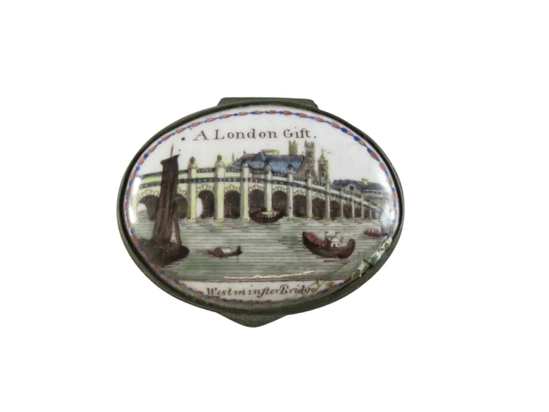 c1780 George III Enamel Patch Box - "A London Gift" Westminster Bridge - Rare — Enamel — front view