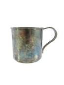 Side view of 1881 Rogers Lilac Time silver-plated child's baby cup with spoon-style handle