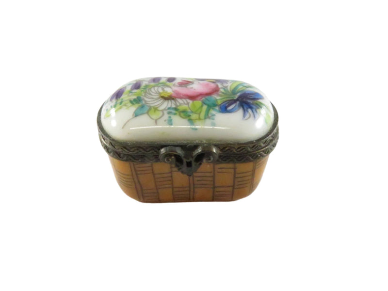 Limoges Trinket Box - Hand-Painted Floral Lid & Basket Body - Vialard — front view