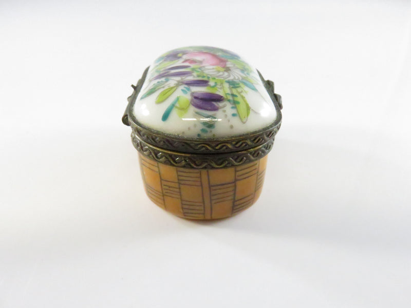 Limoges Trinket Box - Hand-Painted Floral Lid & Basket Body - Vialard