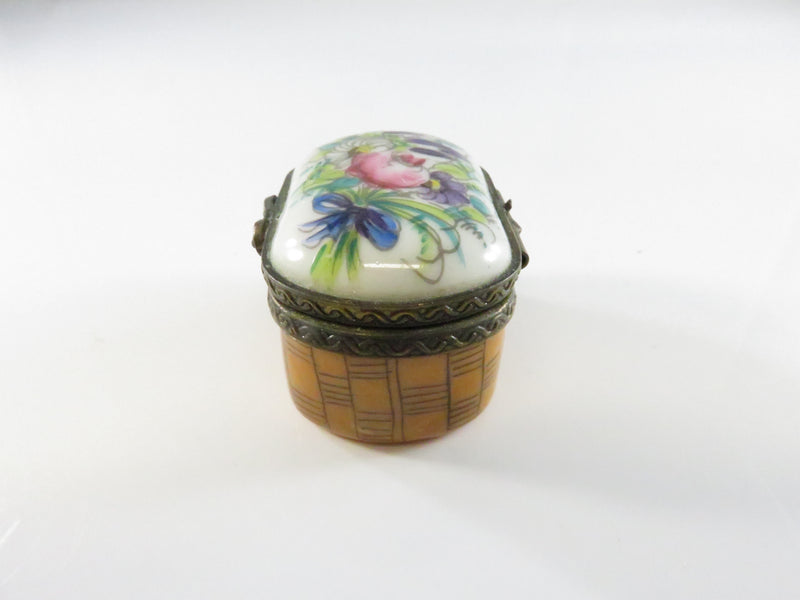 Limoges Trinket Box - Hand-Painted Floral Lid & Basket Body - Vialard