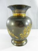 Vintage Indian Mixed Metal Etched Brass Flower Vase Dark Silver-Tone Gold Floral Motif Bidri-style 5 1/2 small finish