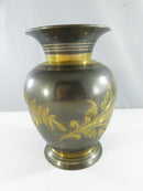 Vintage Indian Mixed Metal Etched Brass Flower Vase Dark Silver-Tone Gold Floral Motif Bidri-style 5 1/2 small finish