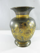 Vintage Indian Mixed Metal Etched Brass Flower Vase Dark Silver-Tone Gold Floral Motif Bidri-style 5 1/2 small finish