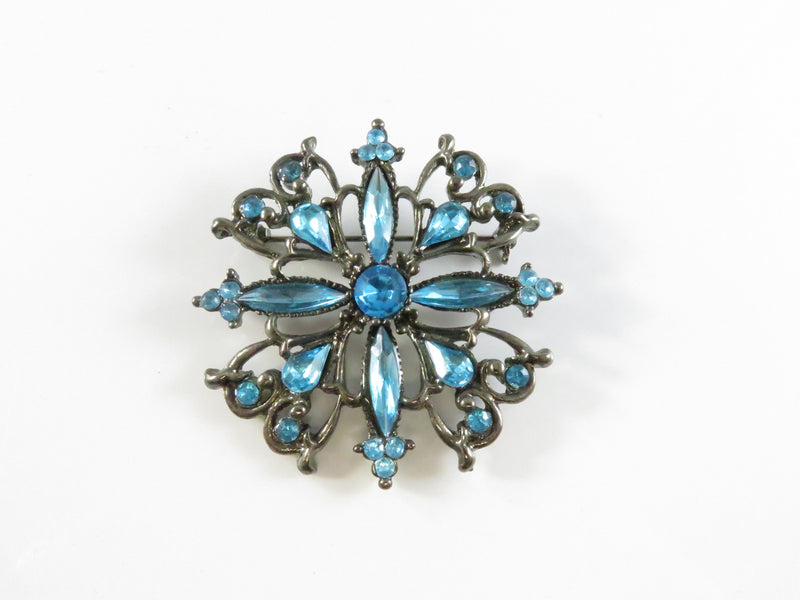 Blue Rhinestone Flower Brooch, Vintage Pierced Metal Pin, Round Pear Marquise Cut, 2"