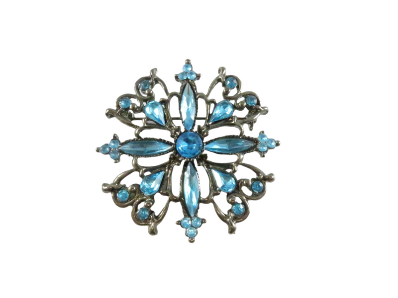 Blue Rhinestone Flower Brooch, Vintage Pierced Metal Pin, Round Pear Marquise Cut, 2"