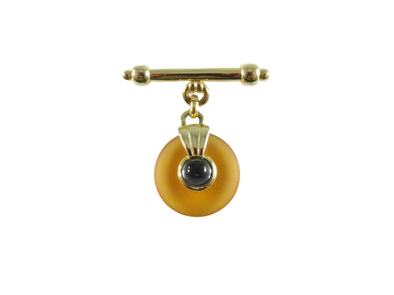 Gold Tone Glass Pendant Brooch, Blue Cabochon Orange Disc Pin, Vintage Jewelry, 1 3/4"