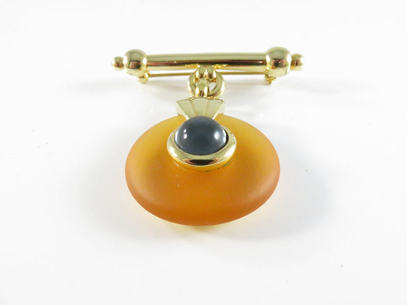 Gold Tone Glass Pendant Brooch, Blue Cabochon Orange Disc Pin, Vintage Jewelry, 1 3/4"