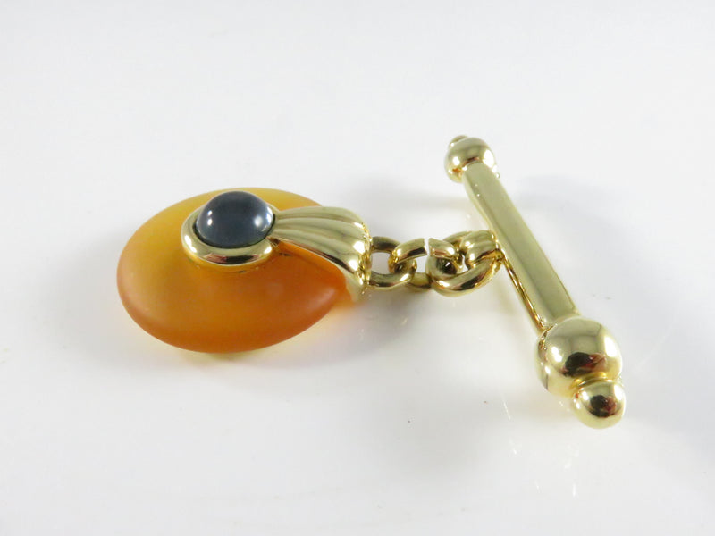 Gold Tone Glass Pendant Brooch, Blue Cabochon Orange Disc Pin, Vintage Jewelry, 1 3/4"