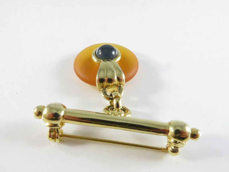 Gold Tone Glass Pendant Brooch, Blue Cabochon Orange Disc Pin, Vintage Jewelry, 1 3/4"