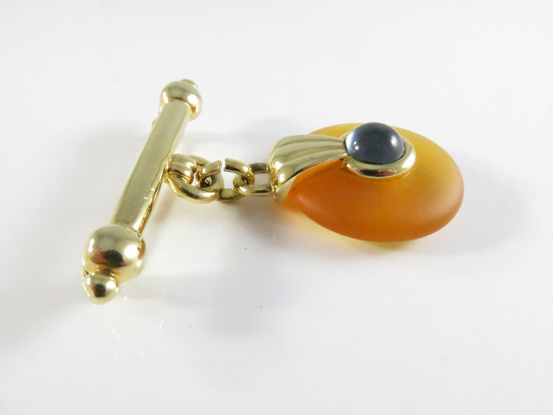 Gold Tone Glass Pendant Brooch, Blue Cabochon Orange Disc Pin, Vintage Jewelry, 1 3/4"