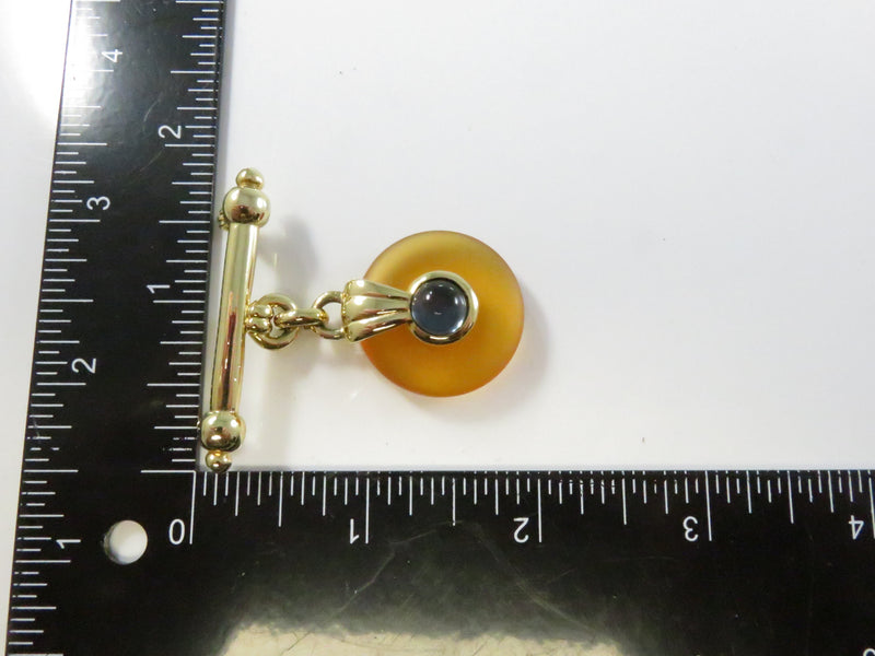 Gold Tone Glass Pendant Brooch, Blue Cabochon Orange Disc Pin, Vintage Jewelry, 1 3/4"