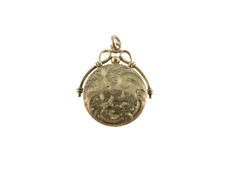 Wightman Hough Photo Locket FOB, Antique Gold Fill Locket, Village Scene, WH & Co Mark, 26mm