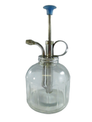 Full view of vintage clear ribbed glass plant mister with silver tone pump and blue plunger cap