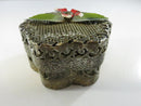 Open vintage pierced wire mesh trinket box showing the removable lid and matching mesh interior