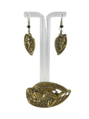 Angel Brooch Earring Set, Repousse Brass, Victorian Style, Sleeping Angel Jewelry, 2 1/4" — front view