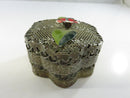 Vintage Pierced Wire Mesh Hexagonal Trinket Box with Red White Green Enamel Flower Lid scalloped floral profile