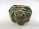Vintage Pierced Wire Mesh Hexagonal Trinket Box with Red White Green Enamel Flower Lid scalloped floral profile