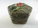 Vintage Pierced Wire Mesh Hexagonal Trinket Box with Red White Green Enamel Flower Lid scalloped floral profile