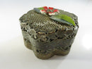 Vintage Pierced Wire Mesh Hexagonal Trinket Box with Red White Green Enamel Flower Lid scalloped floral profile