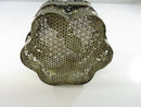 Vintage Pierced Wire Mesh Hexagonal Trinket Box with Red White Green Enamel Flower Lid scalloped floral profile