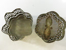 Vintage Pierced Wire Mesh Hexagonal Trinket Box with Red White Green Enamel Flower Lid scalloped floral profile