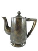 Reed & Barton silverplate individual coffee pot with curved spout, hinged lid, and ribbed handle heat rings