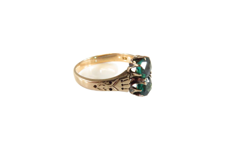 c1880 Victorian 10K Gold 2 x Emerald Green Glass OMC Prong Set Stones Size 7