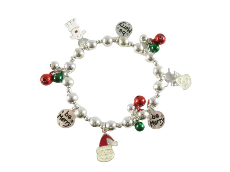 Christmas Charm Stretch Bracelet, Be Merry, Jingle Bells, Vintage Parts, 6" ID, Animal Charms