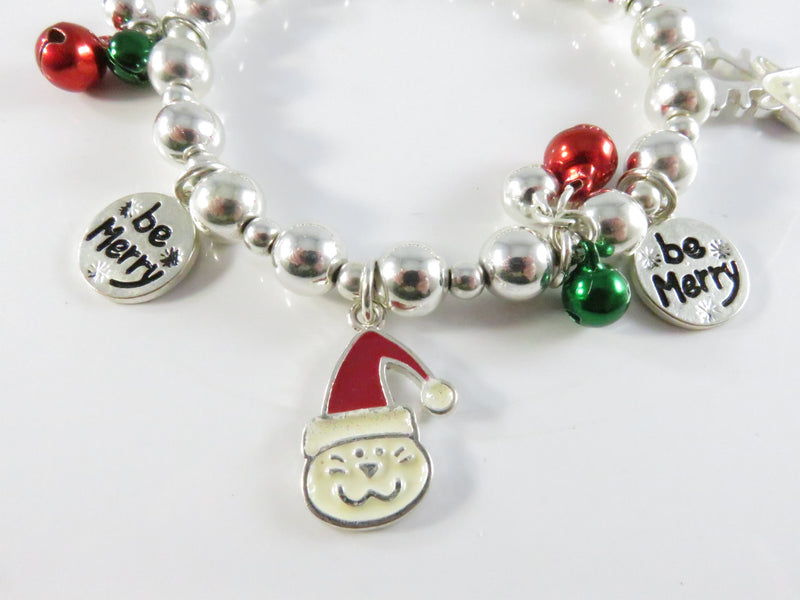 Christmas Charm Stretch Bracelet, Be Merry, Jingle Bells, Vintage Parts, 6" ID, Animal Charms