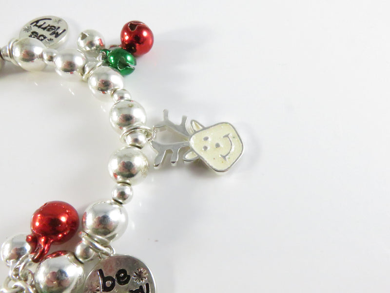 Christmas Charm Stretch Bracelet, Be Merry, Jingle Bells, Vintage Parts, 6" ID, Animal Charms