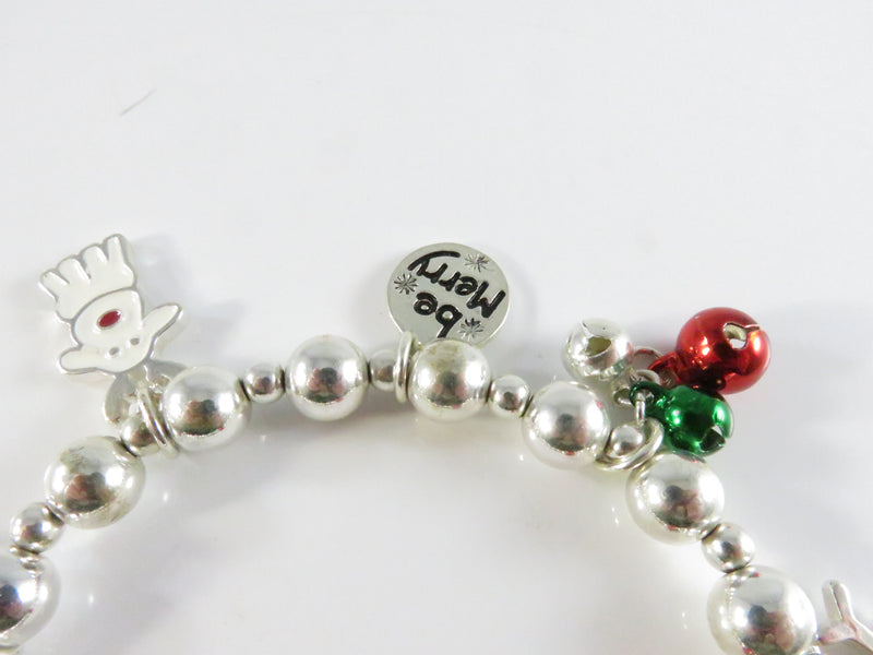 Christmas Charm Stretch Bracelet, Be Merry, Jingle Bells, Vintage Parts, 6" ID, Animal Charms