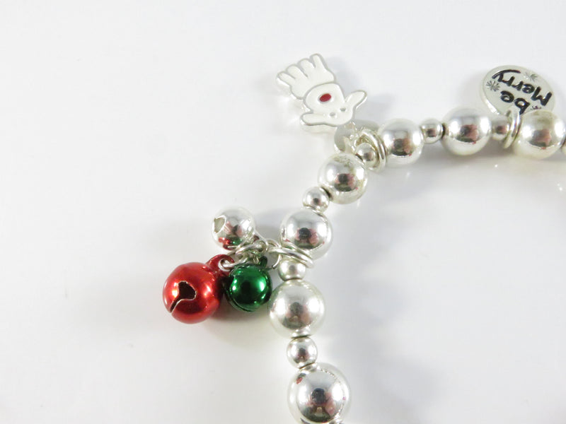 Christmas Charm Stretch Bracelet, Be Merry, Jingle Bells, Vintage Parts, 6" ID, Animal Charms