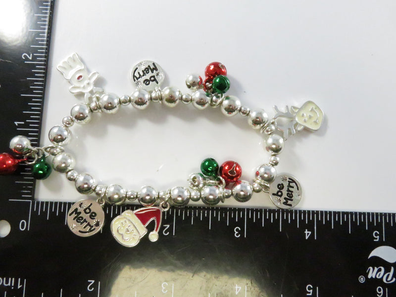 Christmas Charm Stretch Bracelet, Be Merry, Jingle Bells, Vintage Parts, 6" ID, Animal Charms