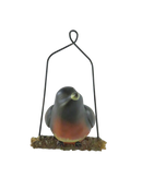 Front view of the vintage American robin singing bird figurine on faux bark perch with metal hanging loop
