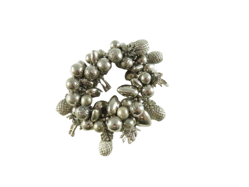 Tropical Charm Stretch Bracelet, Silver Tone Pineapple Palm Hearts, Cha Cha Style, 6" Restore