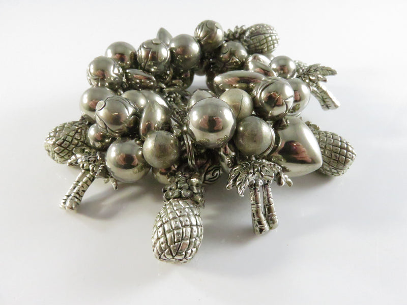 Tropical Charm Stretch Bracelet, Silver Tone Pineapple Palm Hearts, Cha Cha Style, 6" Restore