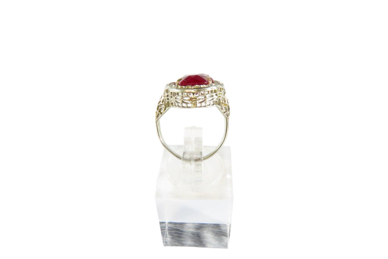 14K Art Deco Ring White Gold Pierced Filigree Fancy Synthetic Ruby Sz 4 3/4