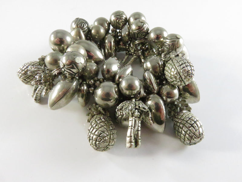 Tropical Charm Stretch Bracelet, Silver Tone Pineapple Palm Hearts, Cha Cha Style, 6" Restore