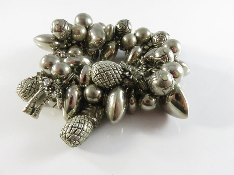 Tropical Charm Stretch Bracelet, Silver Tone Pineapple Palm Hearts, Cha Cha Style, 6" Restore