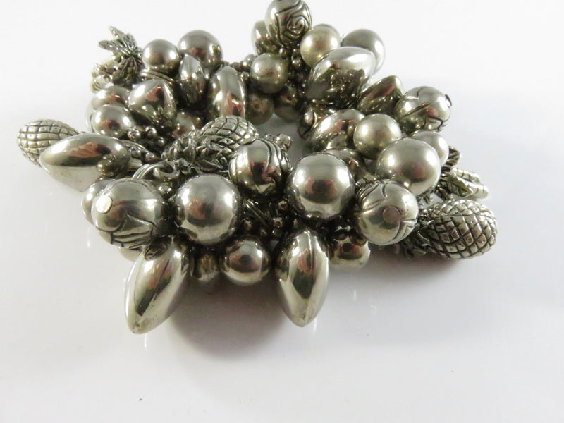 Tropical Charm Stretch Bracelet, Silver Tone Pineapple Palm Hearts, Cha Cha Style, 6" Restore