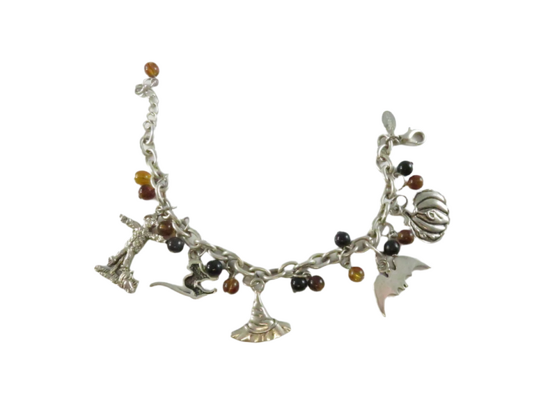 Spooky Charm Bracelet, Halloween Theme, Witch Cat Pumpkin, 7.25" Silver, Seasons Brand