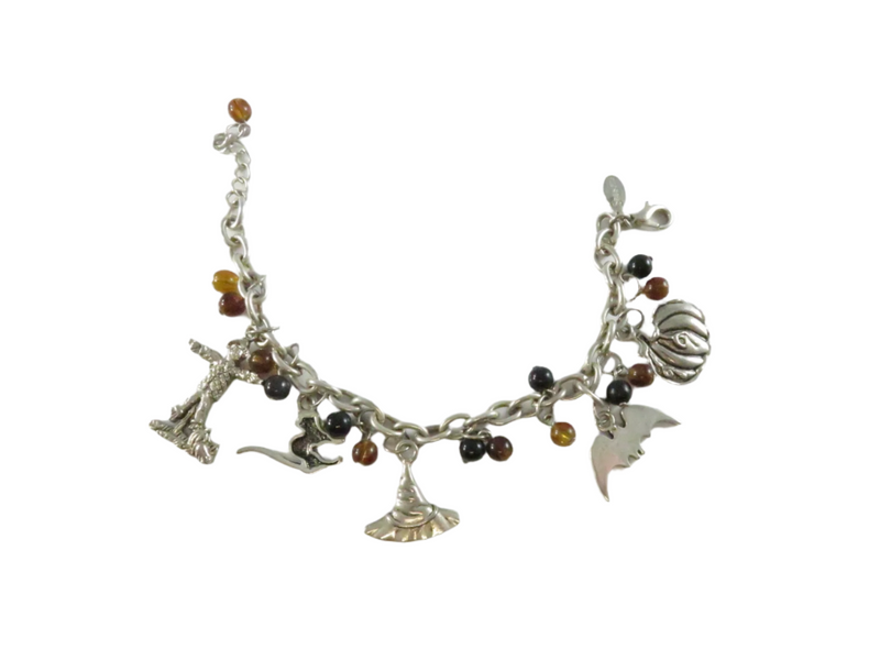 Spooky Charm Bracelet, Halloween Theme, Witch Cat Pumpkin, 7.25" Silver, Seasons Brand — Silver — front view