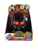 Rear view of Force N' Telling Vader retail display box showing head-press instructions, 40+ answers and eye expressions, and Disney and Hasbro logos