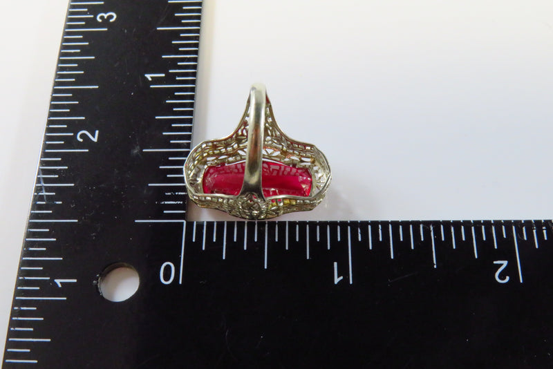 14K Art Deco Ring White Gold Pierced Filigree Fancy Synthetic Ruby Sz 4 3/4