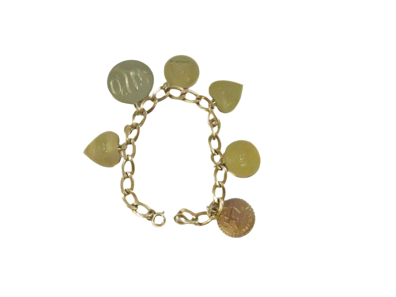 Engraved Disc Charm Bracelet, 12K Gold Filled Chain, Vintage Heart & Zodiac Charms, 7"