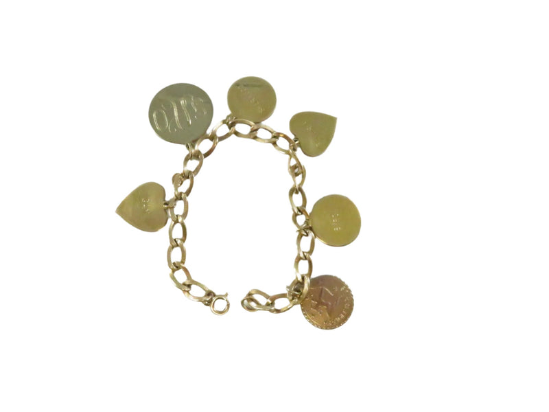 Engraved Disc Charm Bracelet, 12K Gold Filled Chain, Vintage Heart & Zodiac Charms, 7" — Gold — front view