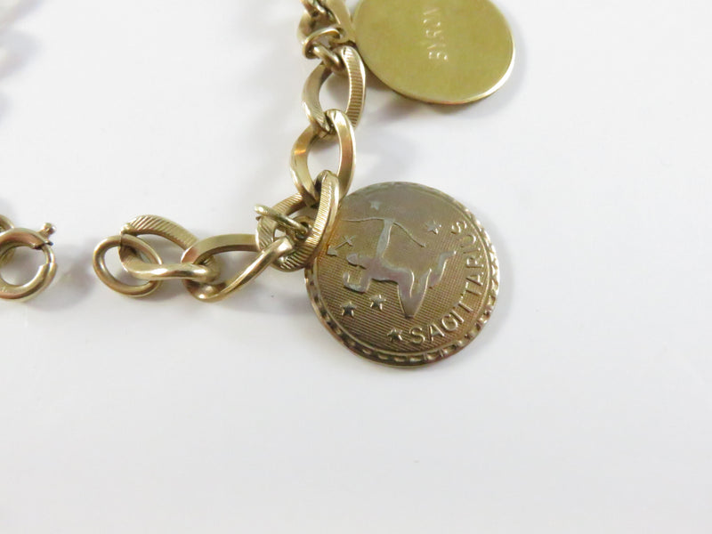 Engraved Disc Charm Bracelet, 12K Gold Filled Chain, Vintage Heart & Zodiac Charms, 7"